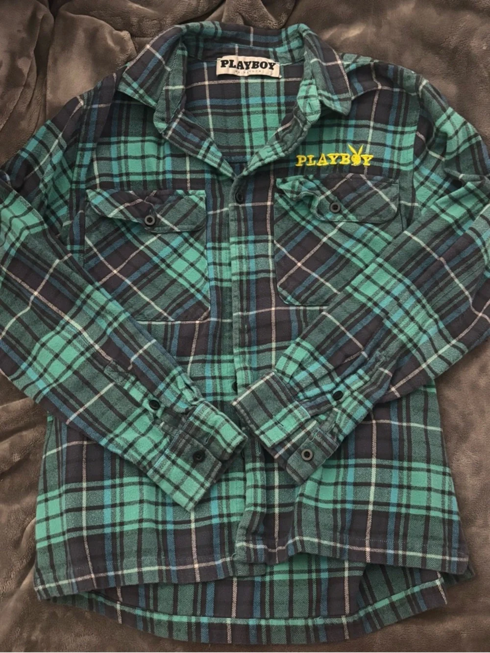 π3 for $10π Playboy x Pacsun Blue and Green Flannel Shirt - Picture 1 of 4